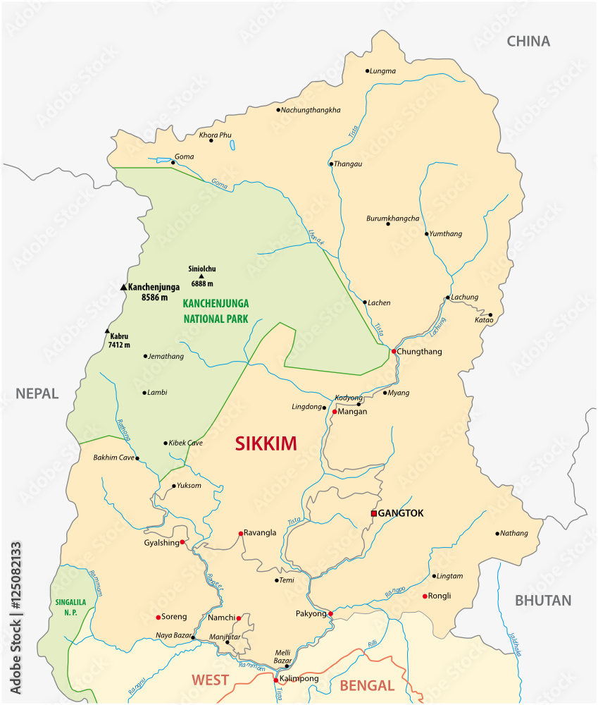 Road map of the Indian state Sikim