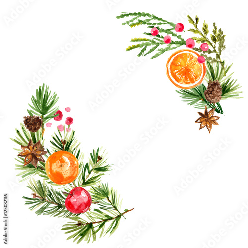 Christmas ornaments from the branches painted with watercolors on white background. Branches of trees. Holly sprigs with red berries.