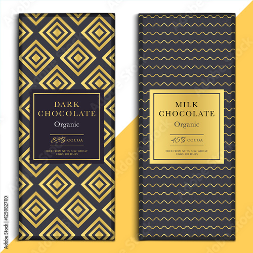 Organic dark and milk chocolate bar design. Choco packaging vect