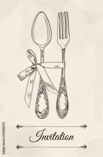 Hand drawn vector illustration of curly cutlery and bow on a beige background watercolor background and texture. Table setting set. Hand drawn design element. Sketch, vintage. Vector Illustration