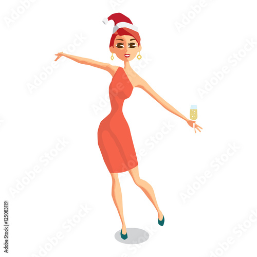 Pretty red-haired woman in red Christmas Santa costume dancing w