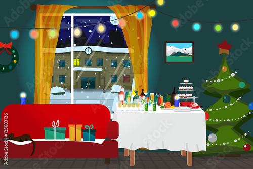 Christmas room interior. Christmas tree, buffet table, gift and