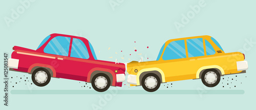Car crash. Two cars hit head-on. Flat design.