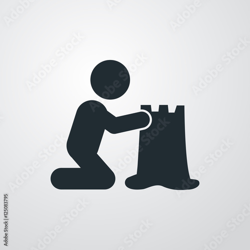 Icono plano niño con castillo arena fondo degradado