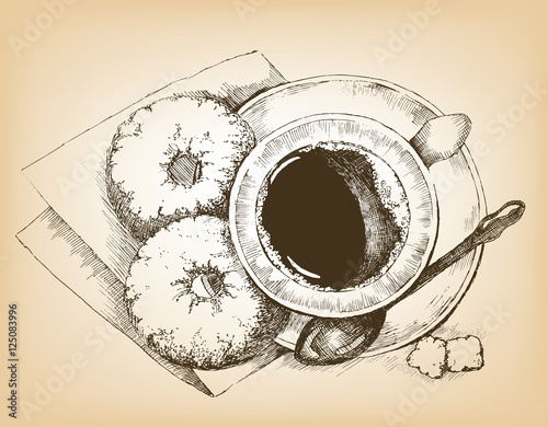 Cup of coffee and donuts. Hand drawn graphic illustration. Art line. Vector