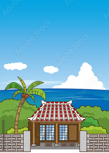 海の側にある沖縄の民家（石垣）のイメージイラスト