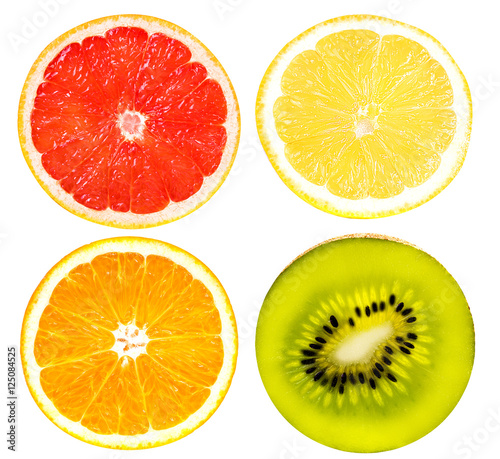 Citrus Fruit Set   grapefruit  orange kiwi  lemon  isolated on w