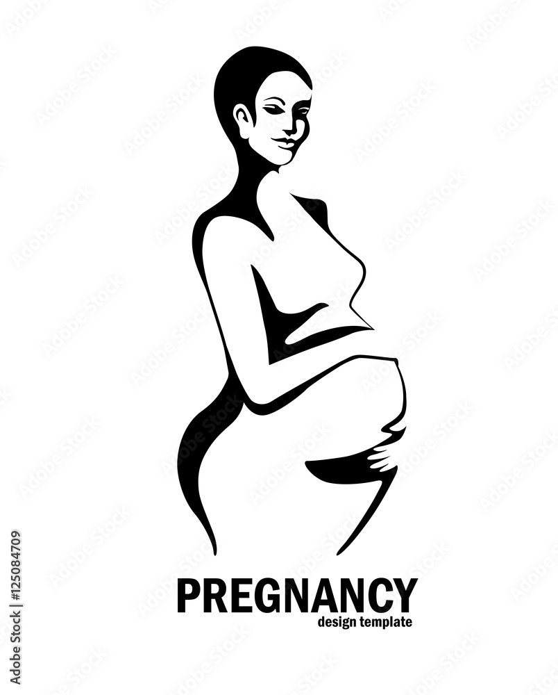 Pregnant woman logo design. Black and white graphic image of pregnant woman as template of company logotype. Vector illustration