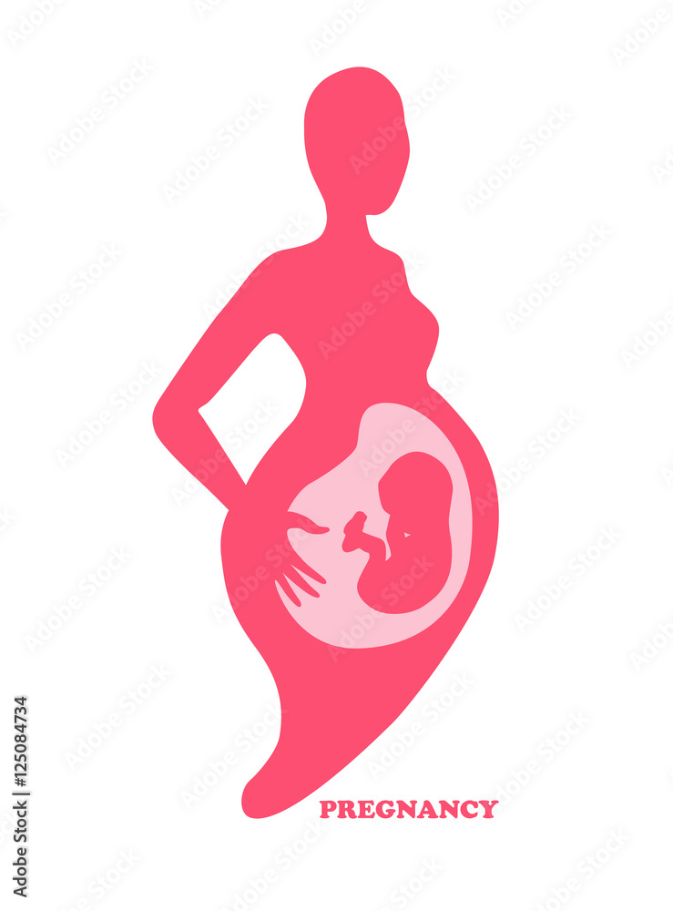Pregnant woman with embryo logo design. Stylized silhouette of pregnant woman and embryo as template of company logotype. Vector illustration.