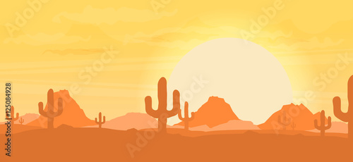 Western desert landscape at sunset vector illustration.