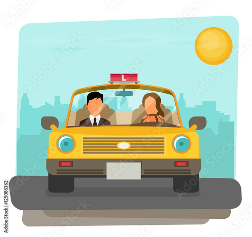 Flat design concept of driving school with car, 