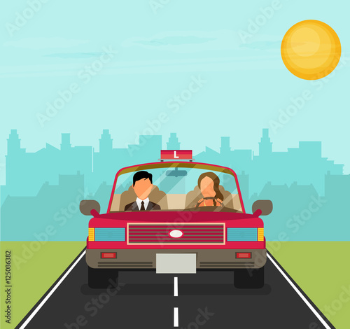 Flat design concept of driving school with car