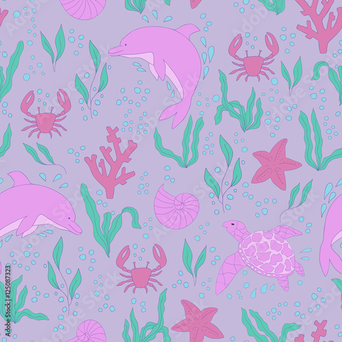 Vector seamless pattern. Hand-drawn doodle set of sea life