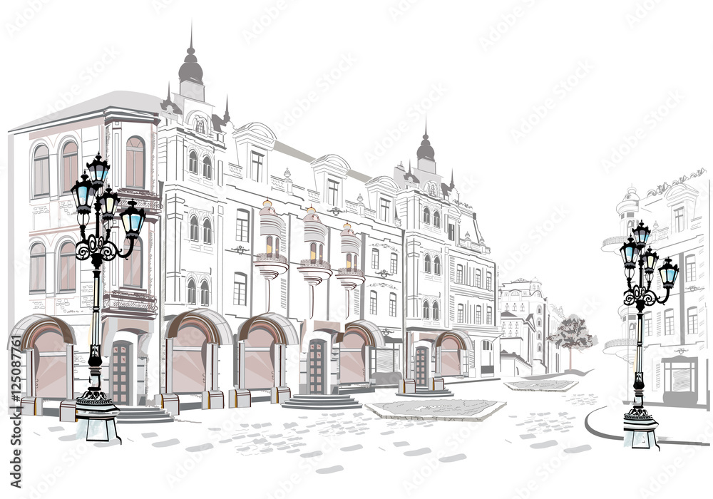 Fototapeta Seria widoków na ulicę na starym mieście. Ręcznie rysowane tło architektoniczne wektor z zabytkowymi budynkami.