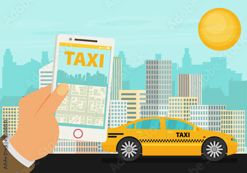 Taxi service. Smartphone, city skyscrapers. Vector flat 