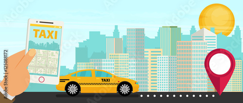 Taxi service. Smartphone, city skyscrapers. Vector flat 