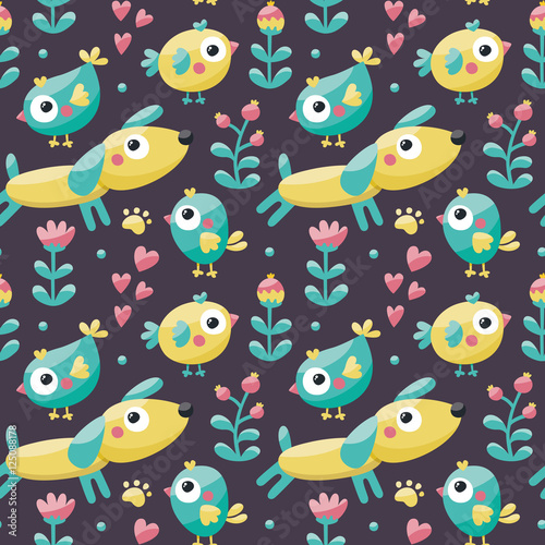 Seamless cute pattern made with dog, birds, flowers, paw, trace, plants, berries