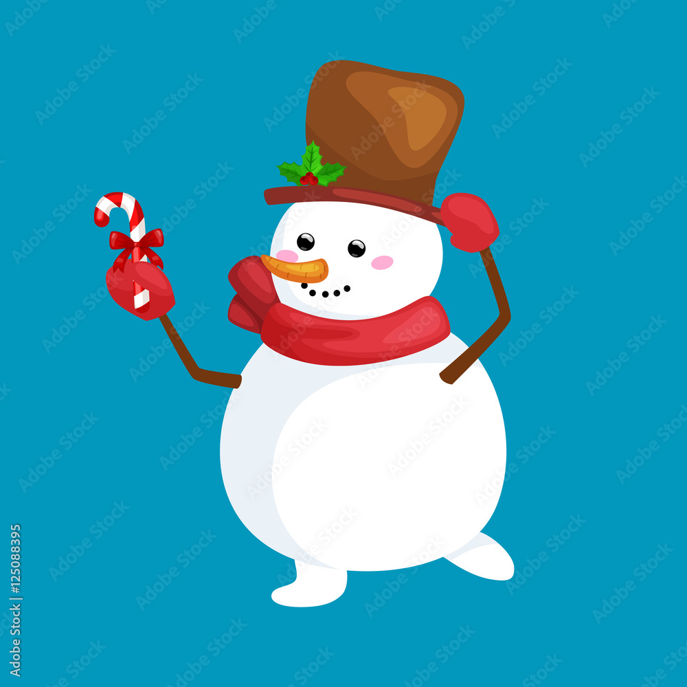 christmas white snowman in hat and scarf with candy for celebration new year vector illustration christmas white snowman in hat and scarf with candy for celebration new year vector illustration