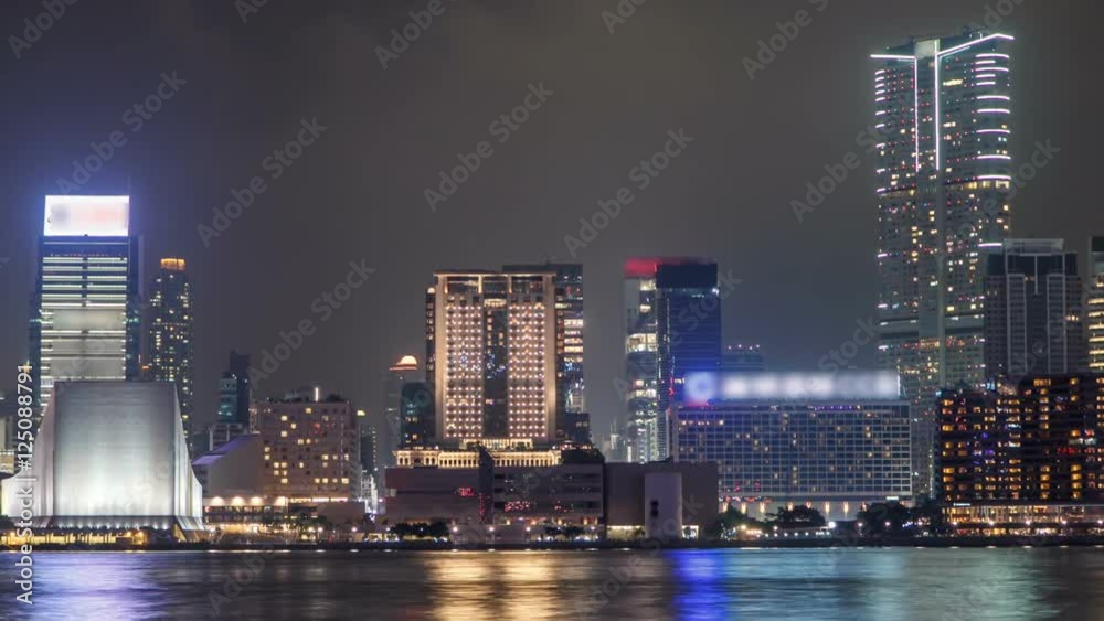 Hong Kong Cultural Centre with colorful light projection on its wall timelapse hyperlapse. Hong Kong Cultural Centre with colorful light projection on its wall timelapse hyperlapse.