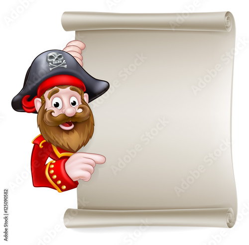Cartoon Pirate Pointing at Scroll Sign photo
