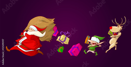 Colorful vector illustration of santa runing with his big bag, which has a hole it it, and presents falling on the ground. His helpers a christmas elf and a raindeer runing to gather them.