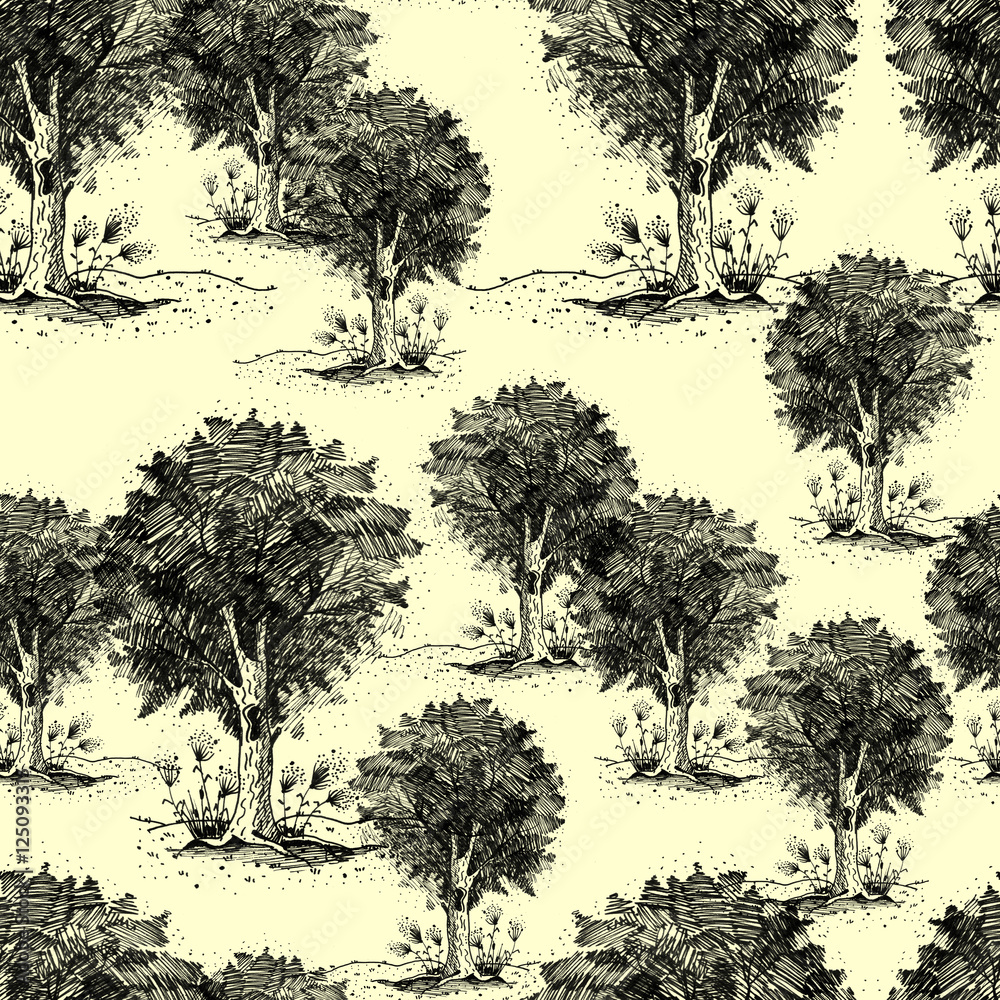 Fototapeta premium Vintage seamless pattern with a picture of the tree, group of plants, illustration made in graphics, black liner, ink. For a different design