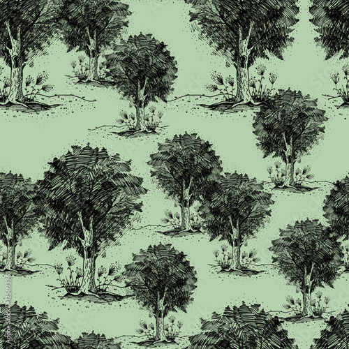 Vintage seamless pattern with a picture of the tree  group of plants  illustration made in graphics  black liner  ink. For a different design