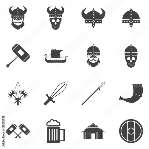 Vikings and Scandinavian items, the food, weapons flat icon set