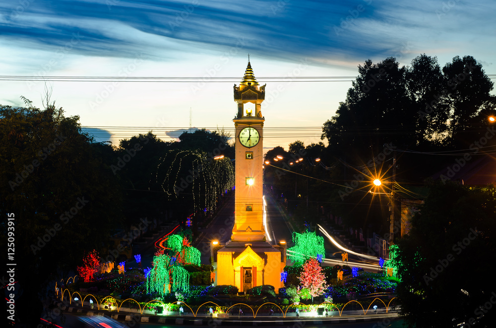 ceter Clock tower Landmark MahaSarakham ,Clock tower Sunset is Twi Light in Maha Sarakham, Thailand;