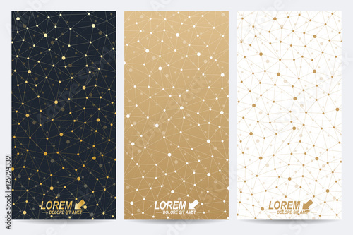 Modern golden set of vector flyers. Modern stylish polygonal pattern with connected line and dots. Molecule and communication background for medicine, science, technology, chemistry.