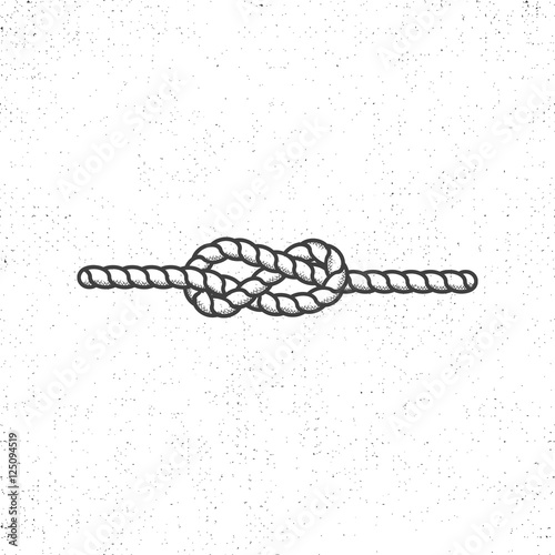 Nautical rope knot symbol on vintage roughen style. Monochrome vector design. Isolated on white background