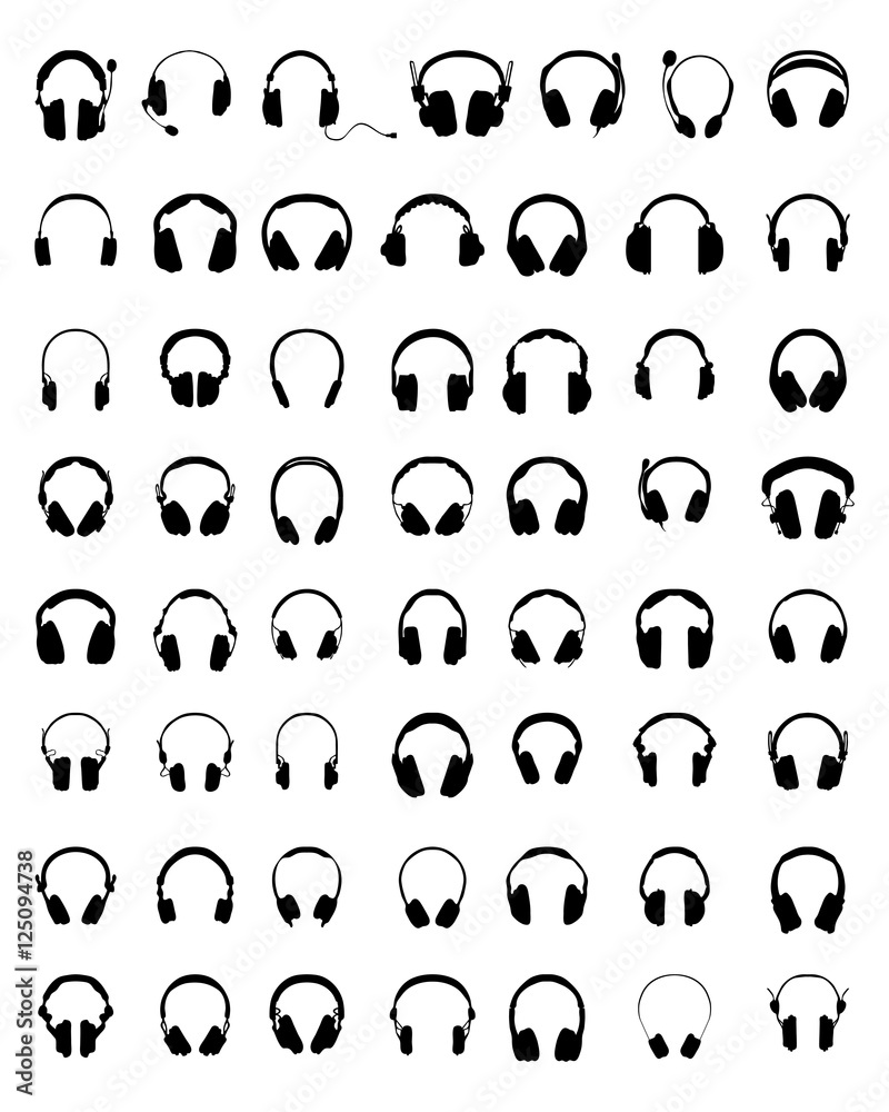 Black silhouettes of headphones on a white background