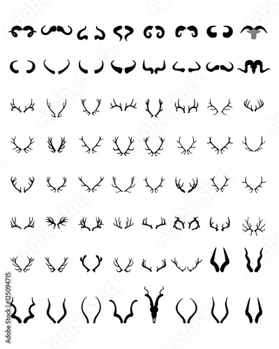 Black silhouettes of different  horns on a white background