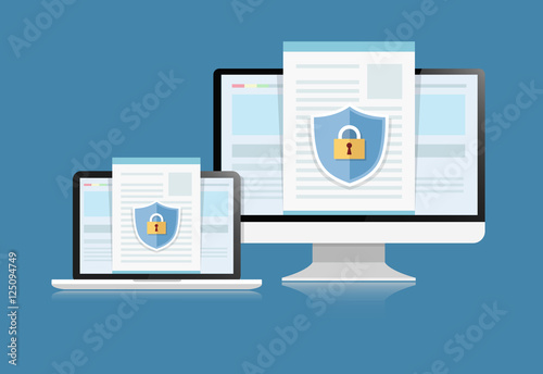 Concept is data security . Shield on Computer Desktop or Labtop