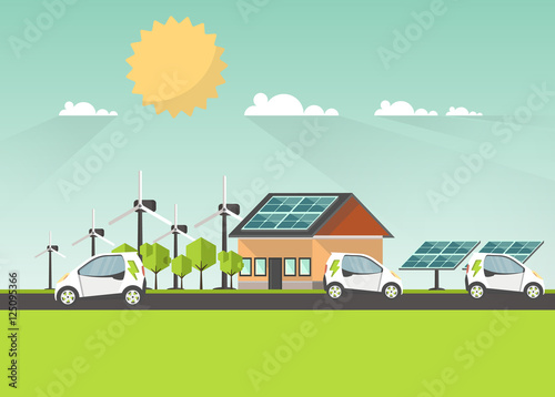 Eco Landscape Flat Design. Eco concept. Illustration of solar panel, with wind turbines and electric car. Renewable energy vector.

