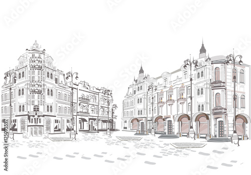 Series of street views in the old city. Hand drawn vector architectural background with historic buildings.