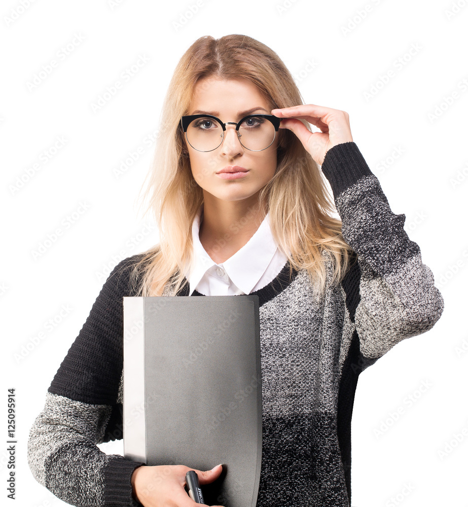 Confident smart serious business woman with a documents folder, Confident smart serious business woman with a documents folder,