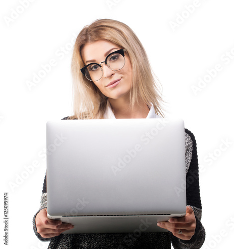 Happy nice student with a laptop, stylish woman in casual busine