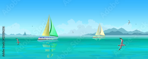 Sailing boats and seagulls flying over blue ocean.