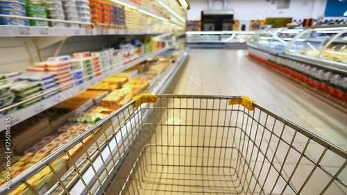moving shopping cart in a large supermarket