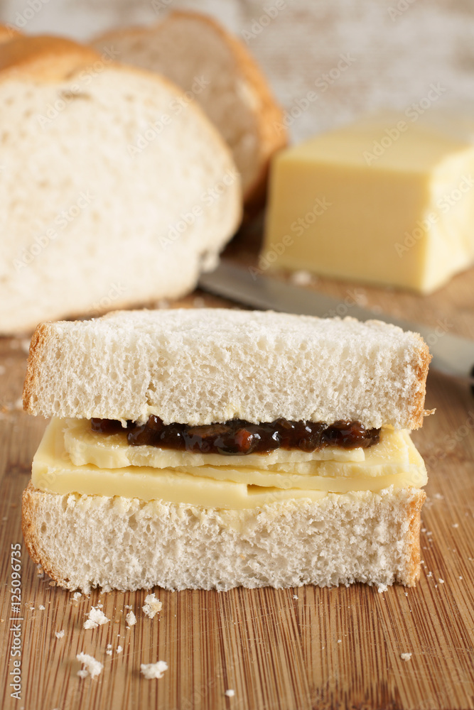Hand cut cheddar cheese and chutney pickle sandwich
