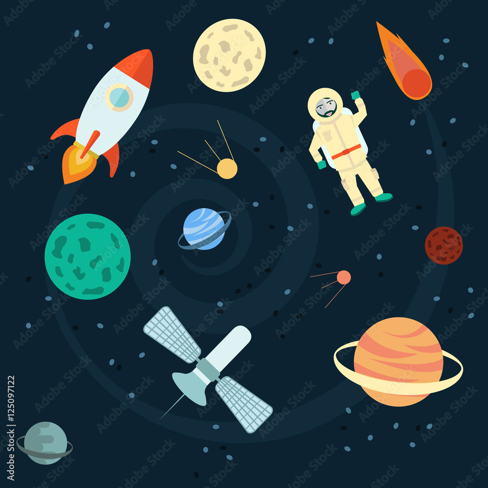 Stock Vector Illustration Space set of planets, orbits, rockets, satellite, stars, ufo, astronaut, apollo, comet, meteorite. Cosmos. Vector illustration. Cartoon icons. Stock Vector Illustration Space set of planets, orbits, rockets, satellite, stars, ufo, astronaut, apollo, comet, meteorite. Cosmos. Vector illustration. Cartoon icons.