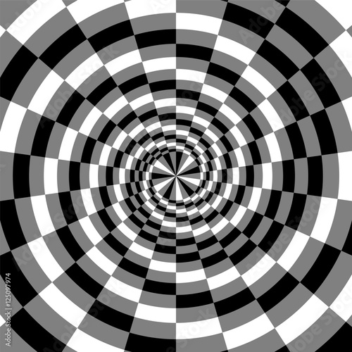 Vector Illustration. Black, White and Grey Spirals of the Rectangles Radial Expanding from the Center. Optical Illusion of Depth and Volume. Suitable for Web Design.