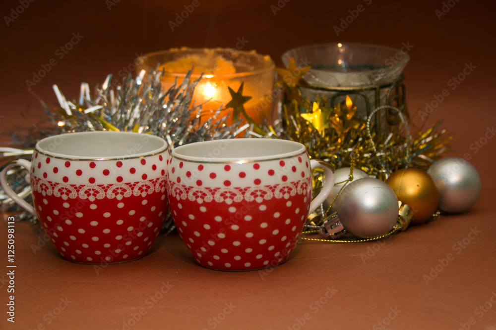 mugs polka dot among Christmas decorations