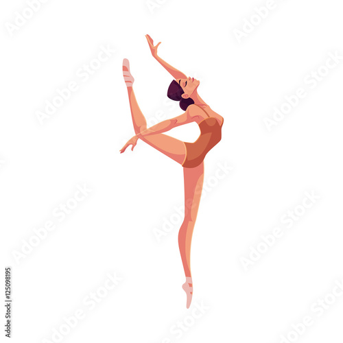 Young beautiful dancer in tights and ballet shoes, cartoon illustration isolated on white background. Young graceful ballet dancer wearing tights and ballet slippers