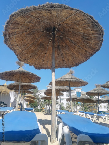 beach with blue sun beds and parasols