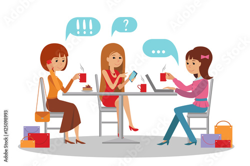 Three beautiful women talking at coffee shop while drinking and using phone laptop. Vector illustration isolated on white background.
