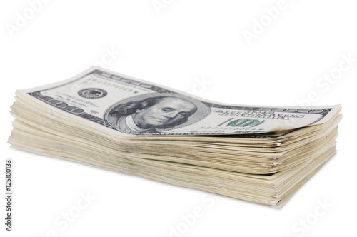 stack of hundred dollar bills isolated on white