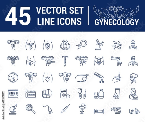 Vector set of icons. Gynecology, gynecological problem and disease. A symbol, sign, element, emblem, icon. The concept of the logo in a linear and flat style.