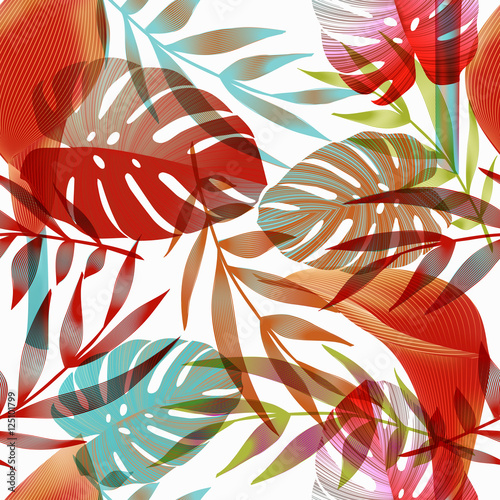 Tropical flowers, jungle leaves, bird of paradise flower.